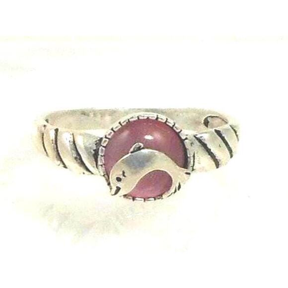 925 Sterling Silver Pink Cat's Eye Dolphin Ring NOS Size 9 Vintage Chrysoberyl - Picture 1 of 9